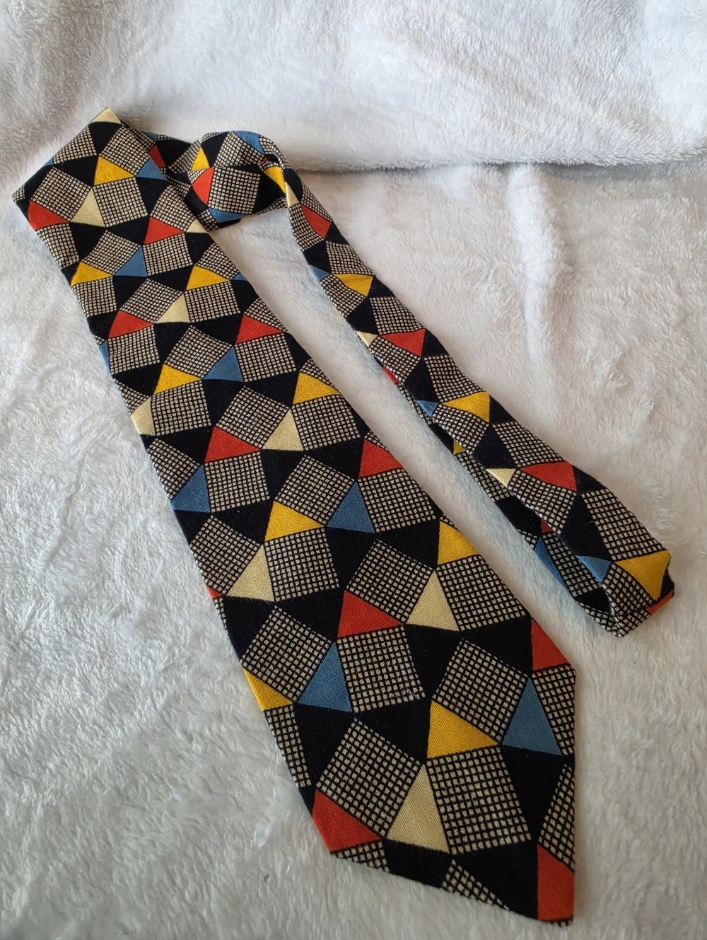 Handmade Vintage Tie Cotton Necktie Geometric Pattern Multi-Color Bold Retro